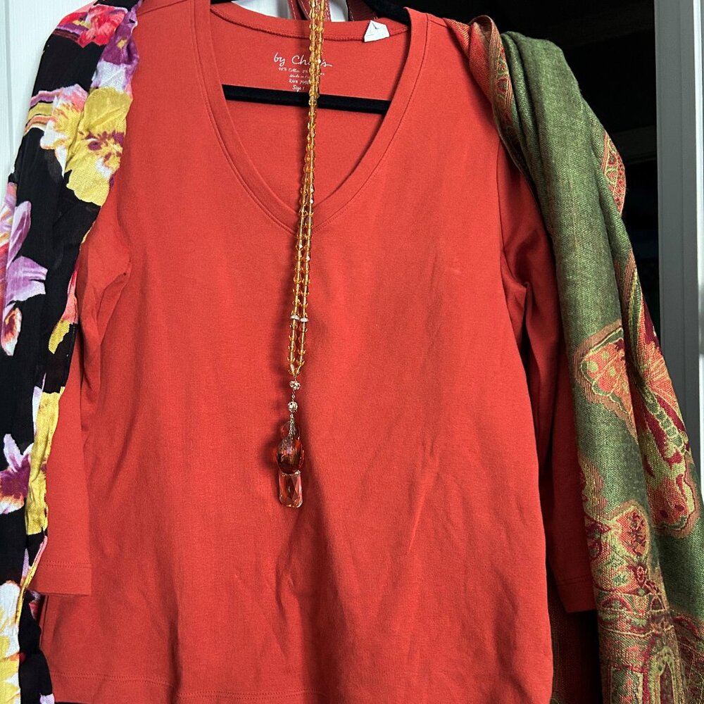 Summer outfit complete with top, scarves, purse and necklaces - orange color